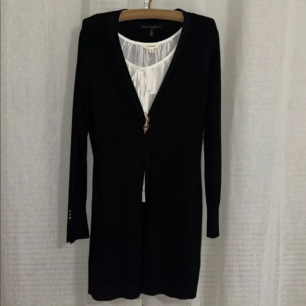 WHBM L Black Silver Tone Sleeve Studs Fine Knit Open Front Duster Cardigan